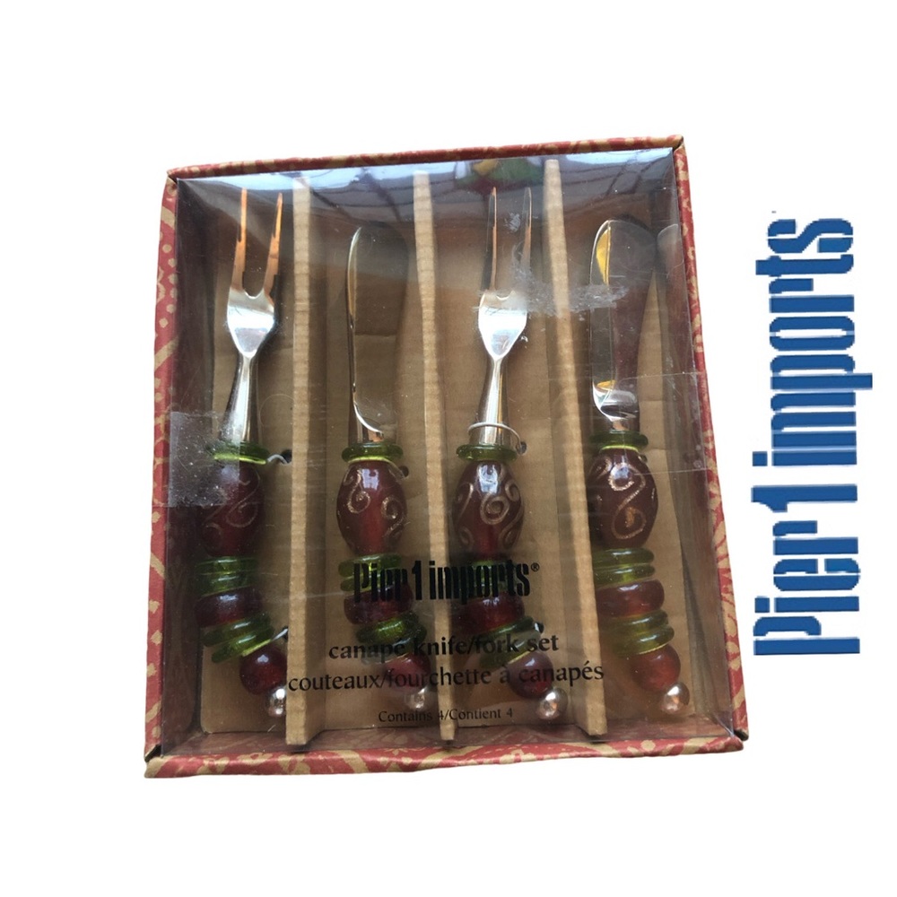 Pier 1 Canapé Knife+Fork Set/Dark Red & Green Blown Glass/Gold Accents - NWOT‎
